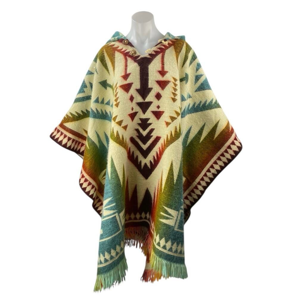 Runa Arts 100% Wool Multicolor Aztec Tribal Hoodie Hooded Fringe Poncho Sweater